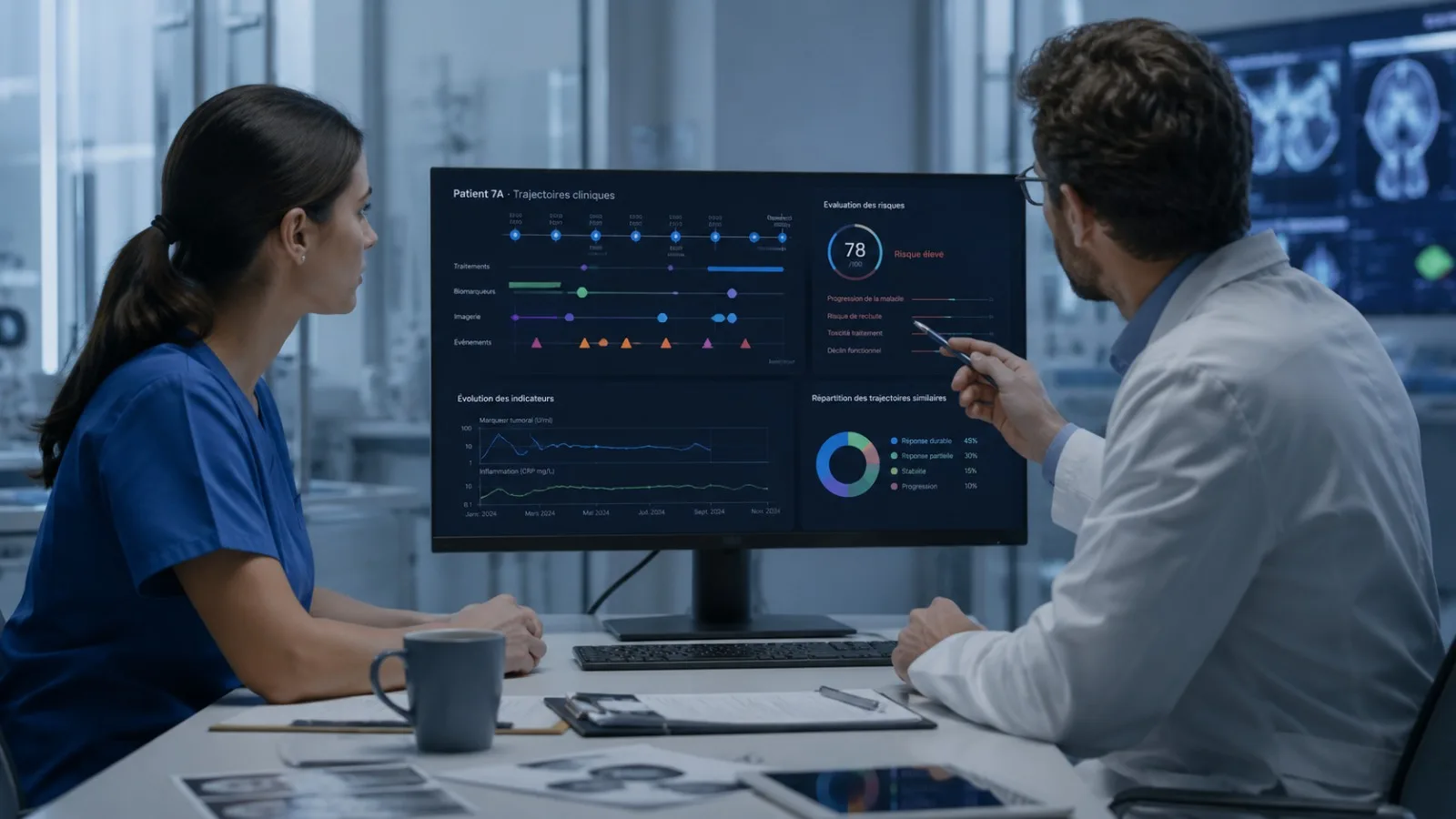 Deux professionnels de santé analysent un tableau de bord de trajectoires cliniques affichant un score de risque patient et l’évolution des biomarqueurs.